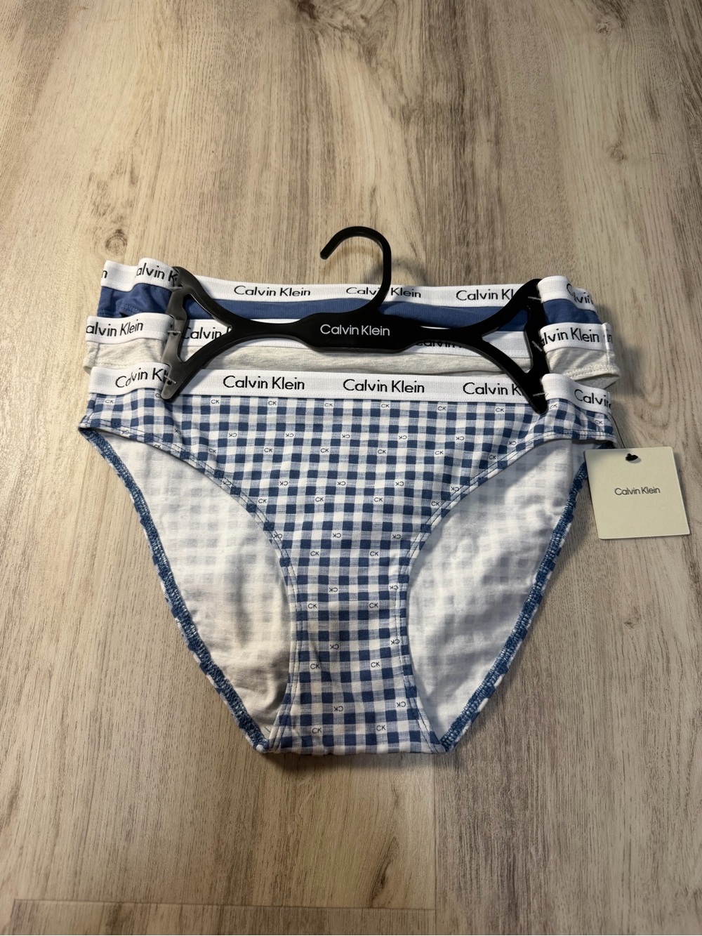 Calvin Klein Blue and White Gingham Bikini Briefs with Logo Waistband